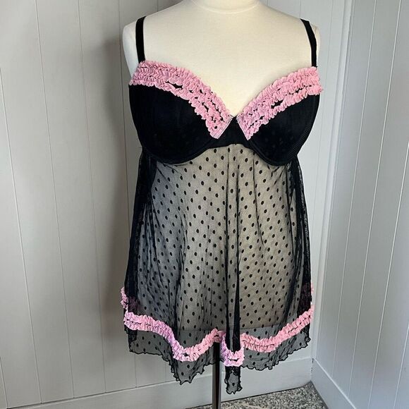 Fashion Bug Womens Plus Size 4X Chemise Nightie Black Pink Ruffles Sheer